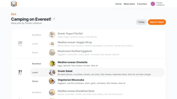 Screenshot of a meal plan